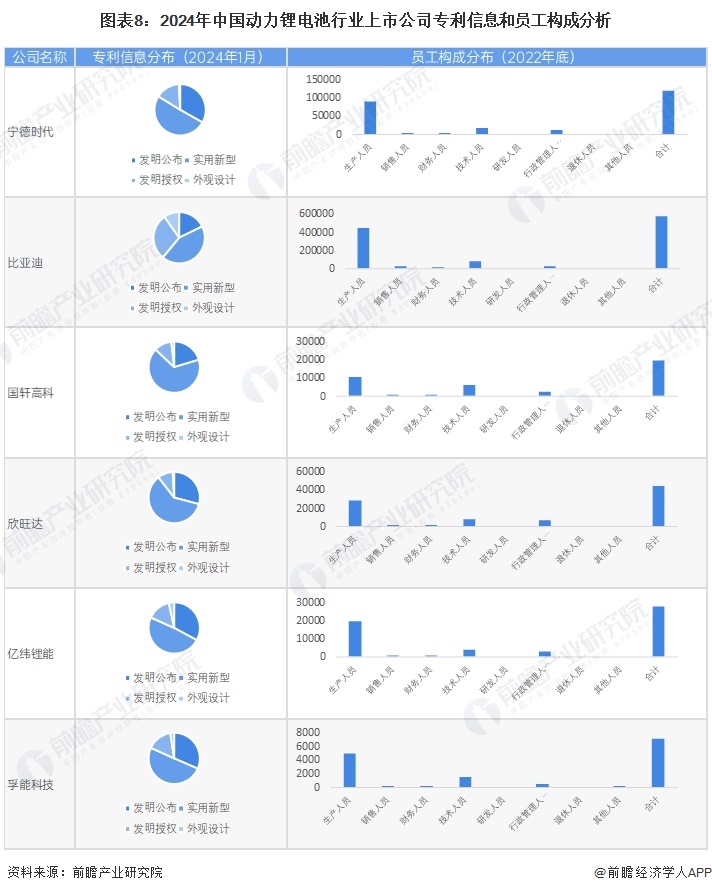 圖表8:2024年中國動力鋰電池行業上市公司專利信息和員工構成分析